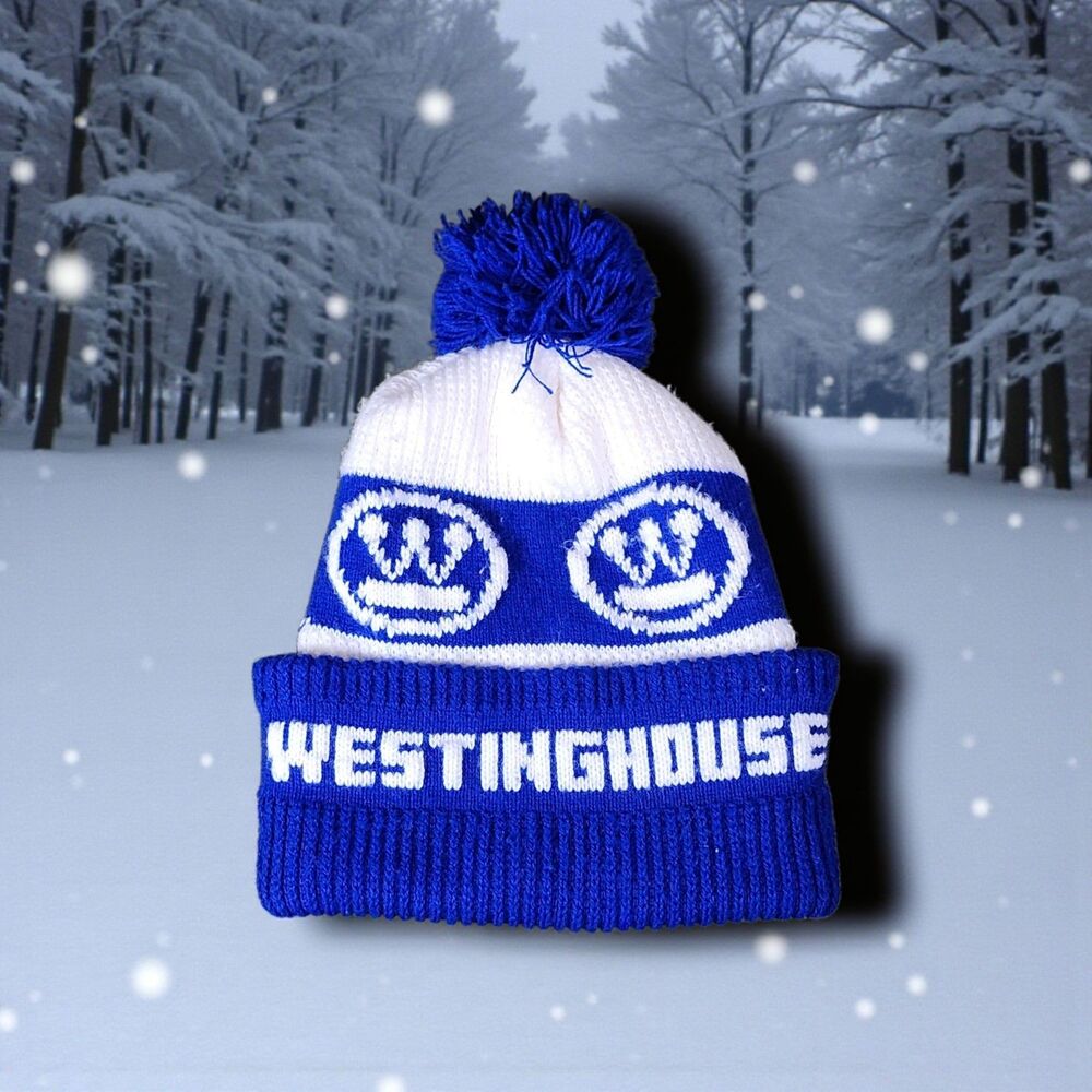 Vintage Westinghouse Pom Beanie Blue White Logo Knit Hat 70s 80s RARE
